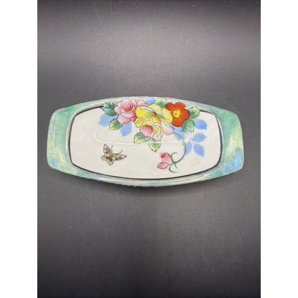 Floral Lusterware Trinket Dish Butterfly Made in Japan 6.5" long Hand Painted